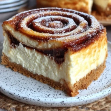 Delicious cinnamon roll honeybun cheesecake topped with icing and cinnamon