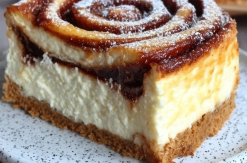 Delicious cinnamon roll honeybun cheesecake topped with icing and cinnamon