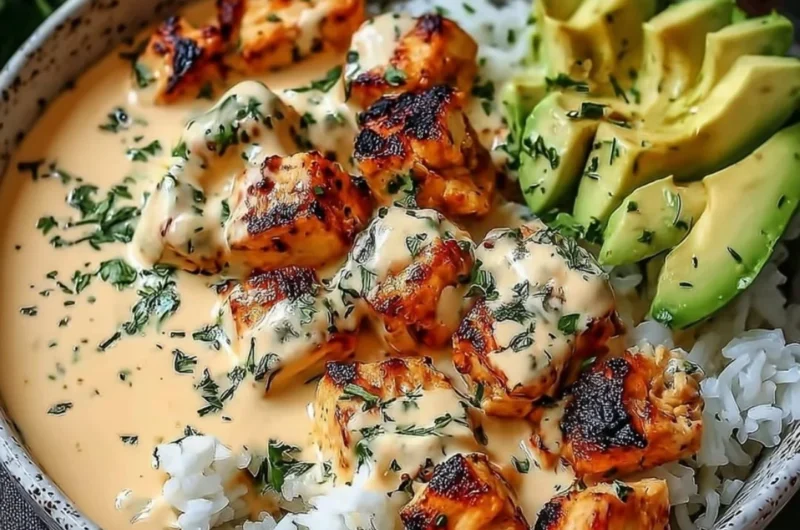Coconut Chicken Rice Bowl with vibrant vegetables and a tropical touch