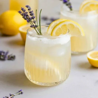Coconut Lavender Lemonade mocktail served in a glass with lavender sprigs.