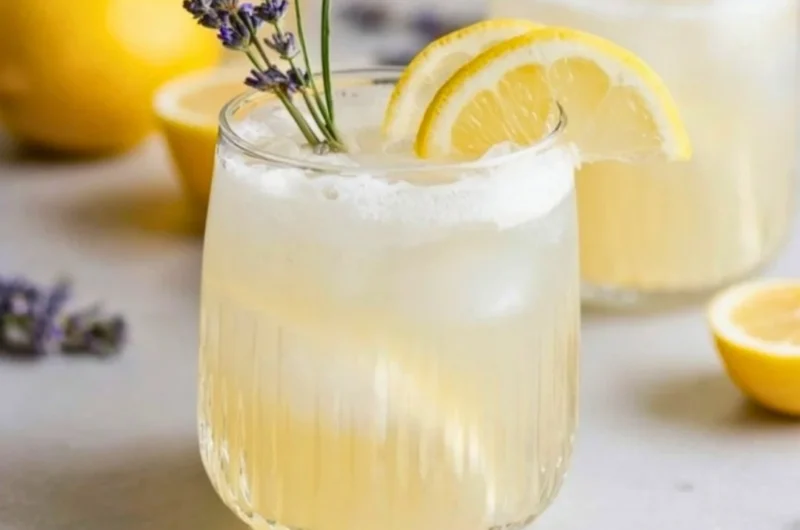Coconut Lavender Lemonade mocktail served in a glass with lavender sprigs.