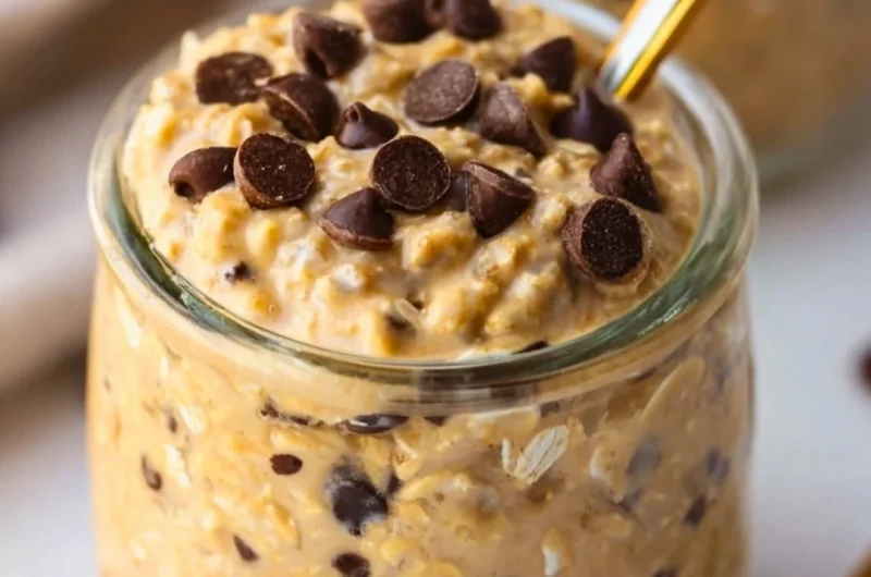Delicious cookie dough overnight oats in a bowl topped with chocolate chips.