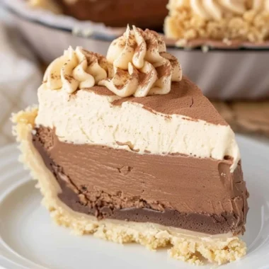 Costco peanut butter chocolate cream pie topped with chocolate drizzle