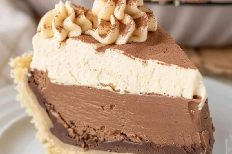 Costco peanut butter chocolate cream pie topped with chocolate drizzle
