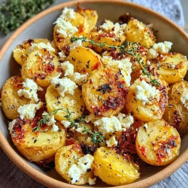 Cozy Greek feta roast potatoes garnished with herbs and spices