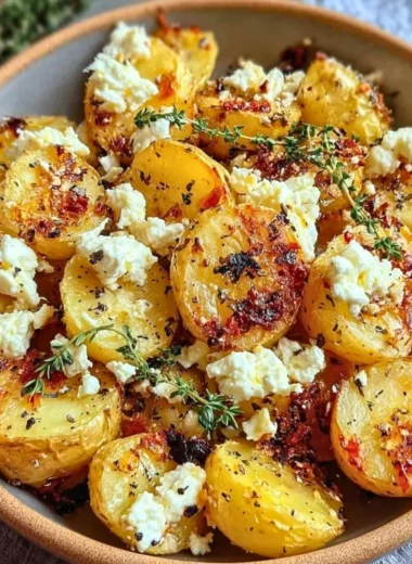 Cozy Greek feta roast potatoes garnished with herbs and spices