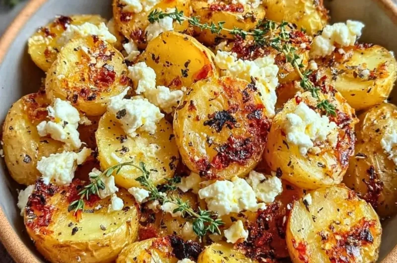 Cozy Greek feta roast potatoes garnished with herbs and spices
