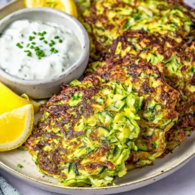 Delicious zucchini fritters served on a plate, garnished with herbs.