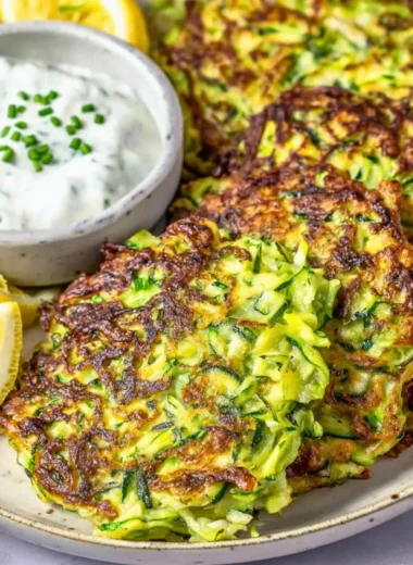 Delicious zucchini fritters served on a plate, garnished with herbs.