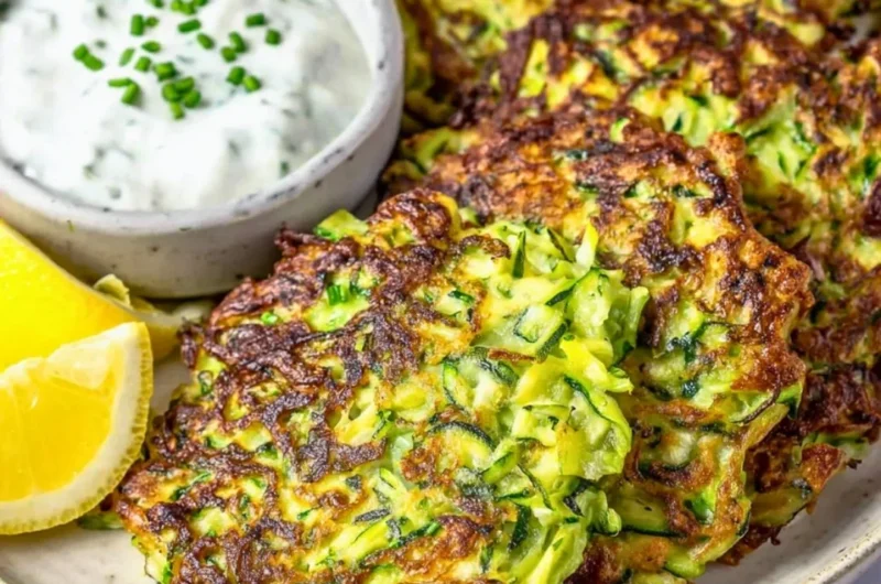 Delicious zucchini fritters served on a plate, garnished with herbs.