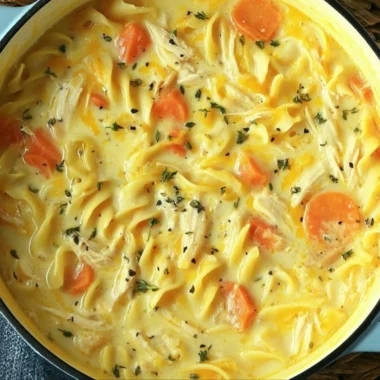Bowl of creamy Crack Chicken Noodle Soup garnished with herbs.