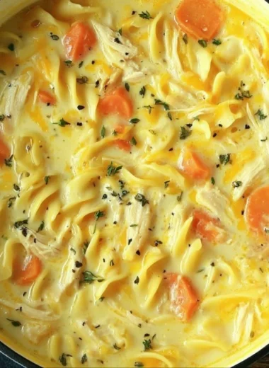 Bowl of creamy Crack Chicken Noodle Soup garnished with herbs.