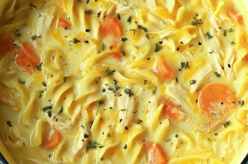 Bowl of creamy Crack Chicken Noodle Soup garnished with herbs.