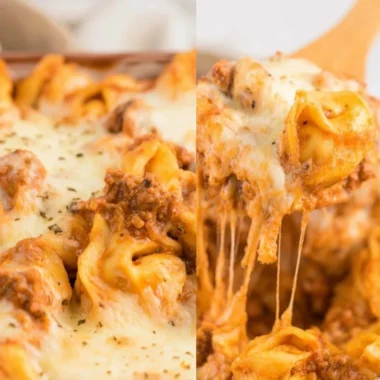 Creamy baked tortellini casserole topped with cheese and herbs