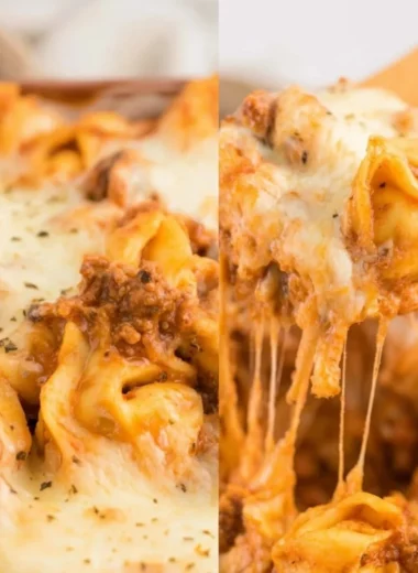 Creamy baked tortellini casserole topped with cheese and herbs
