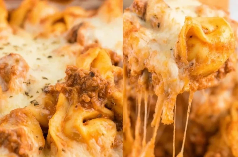 Creamy baked tortellini casserole topped with cheese and herbs