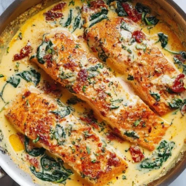 Creamy garlic Tuscan salmon with spinach and sun-dried tomatoes on a plate.
