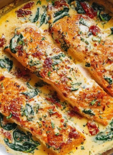 Creamy garlic Tuscan salmon with spinach and sun-dried tomatoes on a plate.