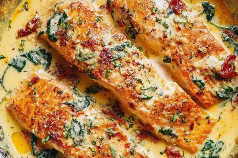 Creamy garlic Tuscan salmon with spinach and sun-dried tomatoes on a plate.