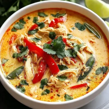Crockpot Thai Coconut Chicken Soup served in a bowl with fresh herbs