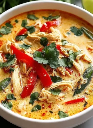 Crockpot Thai Coconut Chicken Soup served in a bowl with fresh herbs