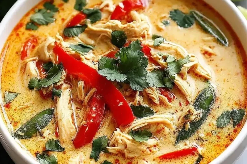 Crockpot Thai Coconut Chicken Soup served in a bowl with fresh herbs