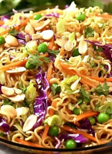 Bowl of crunchy Asian ramen noodle salad with fresh vegetables