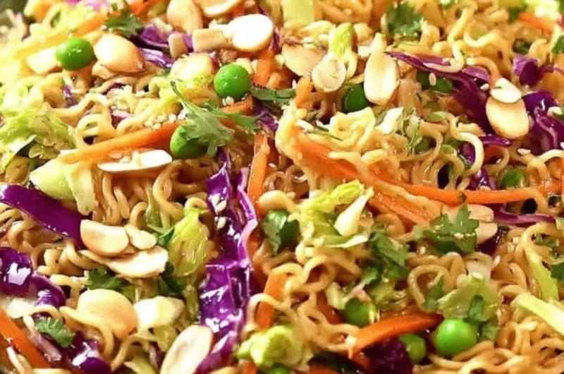 Bowl of crunchy Asian ramen noodle salad with fresh vegetables