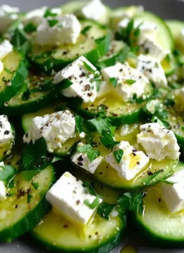 Fresh cucumber feta salad with herbs and olive oil