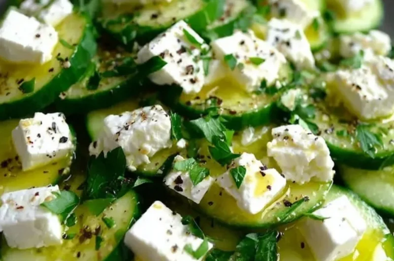 Fresh cucumber feta salad with herbs and olive oil