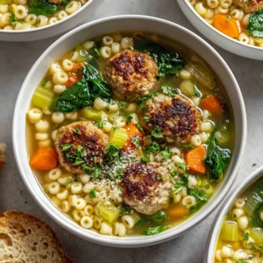 Bowl of easy chicken meatball soup with fresh herbs and vegetables.