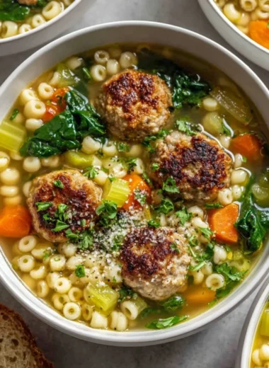 Bowl of easy chicken meatball soup with fresh herbs and vegetables.