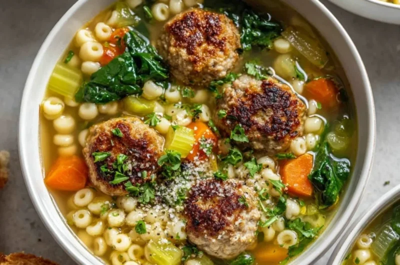 Bowl of easy chicken meatball soup with fresh herbs and vegetables.