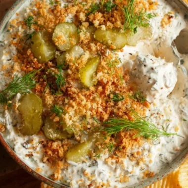 Bowl of creamy Fried Pickle Dip served with tortilla chips