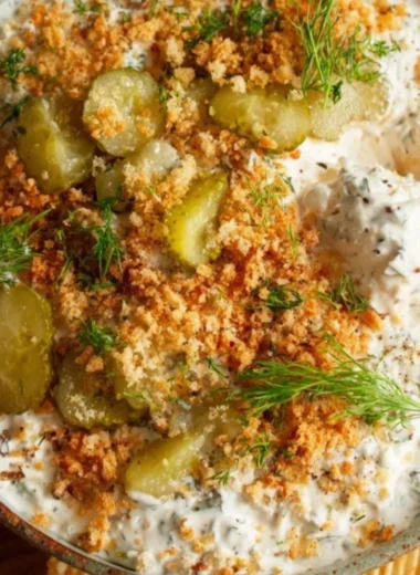 Bowl of creamy Fried Pickle Dip served with tortilla chips