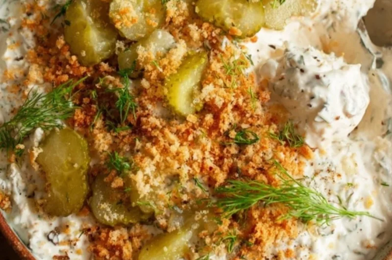 Bowl of creamy Fried Pickle Dip served with tortilla chips