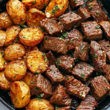 Delicious Garlic Butter Steak Bites served with golden crispy potatoes.