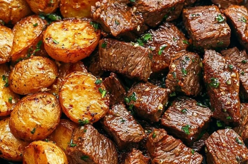 Delicious Garlic Butter Steak Bites served with golden crispy potatoes.