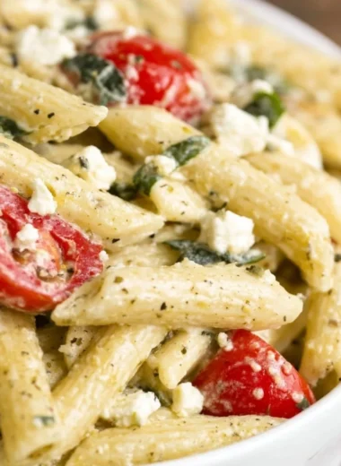 Colorful Greek Pasta Salad with fresh vegetables and feta cheese