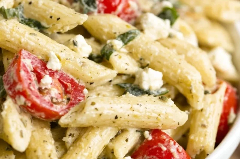 Colorful Greek Pasta Salad with fresh vegetables and feta cheese