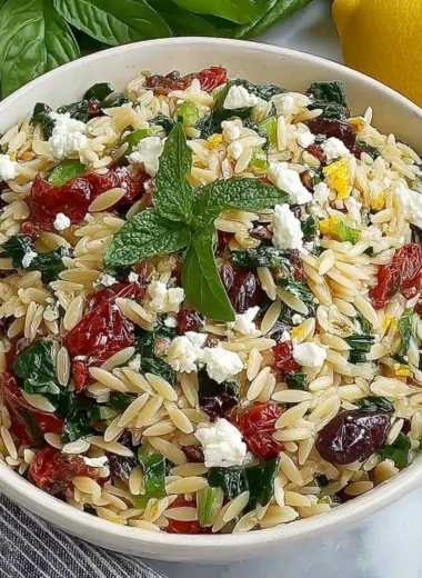 Homemade orzo pasta salad with feta and sun-dried tomatoes in a bowl