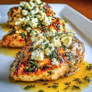 Juicy Greek Chicken garnished with lemon and feta cheese on a plate.