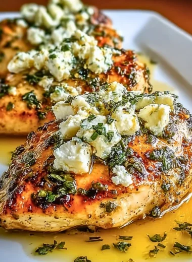 Juicy Greek Chicken garnished with lemon and feta cheese on a plate.