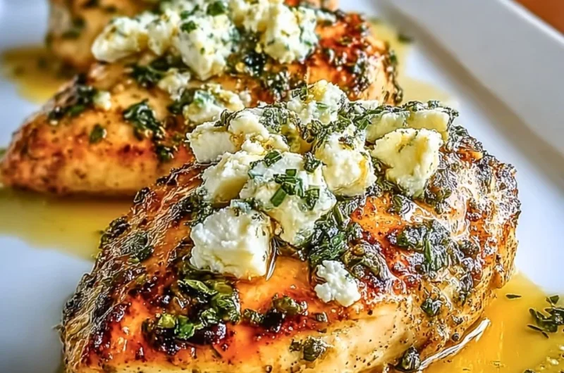 Juicy Greek Chicken garnished with lemon and feta cheese on a plate.