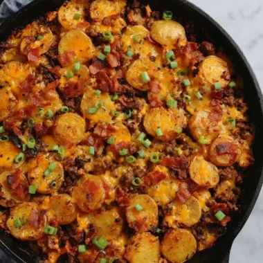 Loaded ground beef and potatoes skillet dish with cheese and vegetables.