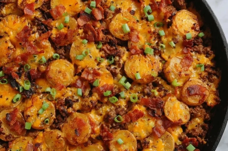 Loaded ground beef and potatoes skillet dish with cheese and vegetables.