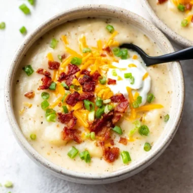 Bowl of creamy loaded potato soup topped with cheese and chives