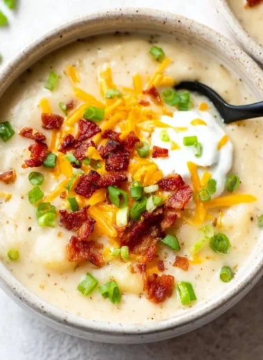 Bowl of creamy loaded potato soup topped with cheese and chives