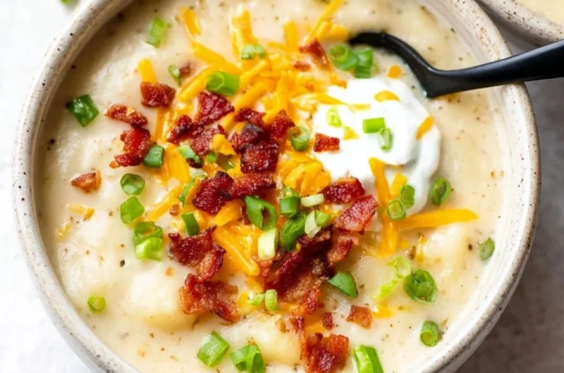 Bowl of creamy loaded potato soup topped with cheese and chives
