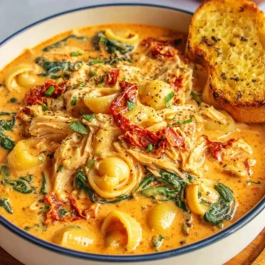 Bowl of Marry Me Tuscan Chicken Soup with fresh ingredients and herbs